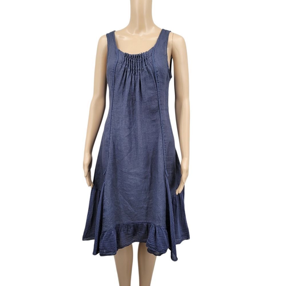Lina Tomei Italian Linen Silk Blue Sleeveless Dress Pleated and Ruffle Details